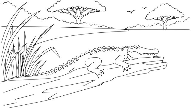 A black and white line art drawing of an alligator resting on a log in a swamp