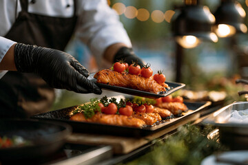 Fototapeta premium Chef serves grilled salmon with cherry tomatoes at outdoor event during evening hours