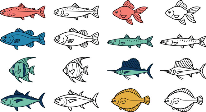 Fish Species Icon Set Featuring Salmon, Goldfish, Bass, Barracuda, Angelfish, Sailfish, Marlin, Tuna, and Flounder Flat Symbols for Fishing and Seafood Vector Graphic Design
