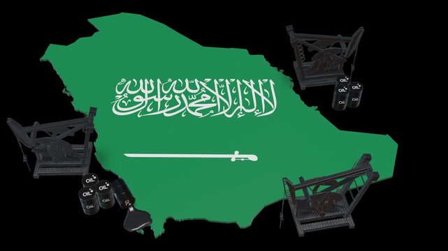 3D Oil Pump Jacks and Barrels on Saudi Arabia Map Flag &ndash; Energy Industry and Petroleum Production