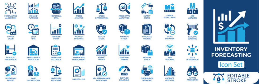 Inventory forecasting icon set. Containing demand planning, stock analysis, sales trend, warehouse, inventory report and more. Solid vector icons collection