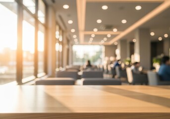 Fototapeta premium Empty wooden table in a blurred modern office or cafe interior at sunset