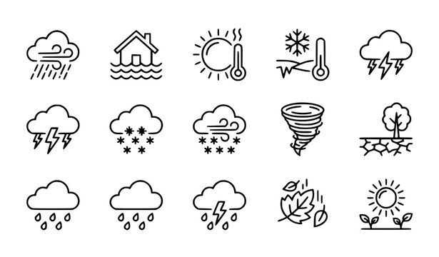 Weather alert and seasonal change thin line icon set editable stroke climate warning vector