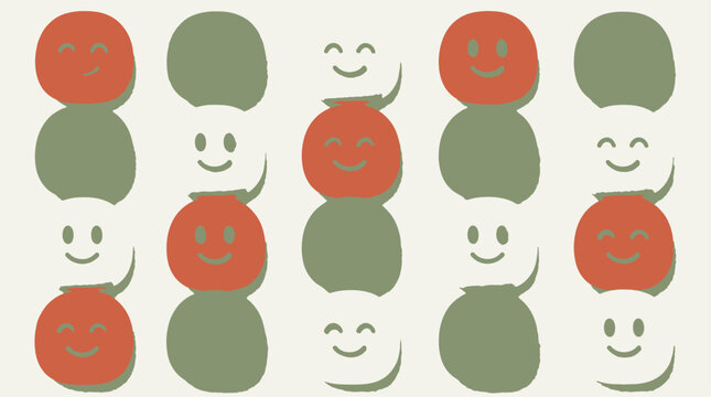 A repeating pattern of cheerful smiley faces in red and green circles on a cream background.