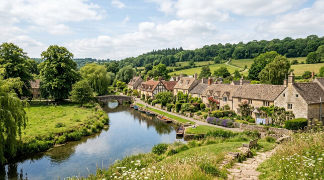 Charming village houses and a serene river flowing through the scenic English countryside