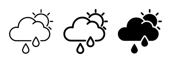 Obraz premium Rainy Weather Icons, Sun and Cloud Symbols, Rainfall Forecast Graphics, Set of 3 Weather Icons
