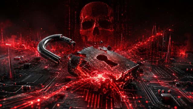 Cybersecurity Breach with Broken Padlock and Red Digital Warning Alert