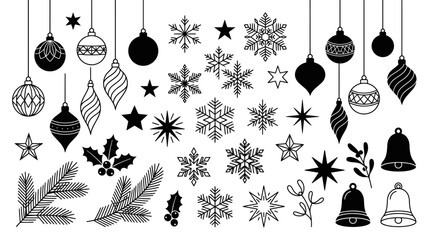 Collection of diverse holiday and celebration symbols in black and white. © Syitur