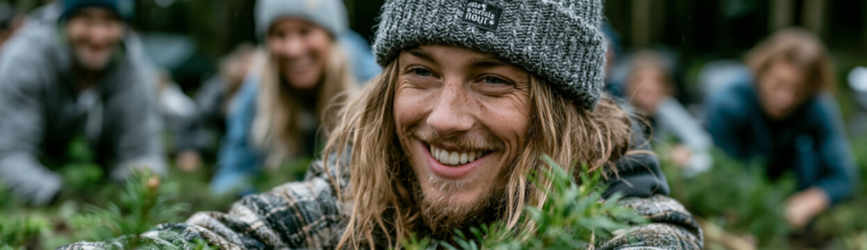 A group of diverse people working together on a large-scale reforestation project, planting trees in a deforested area, capturing the spirit of global sustainability efforts