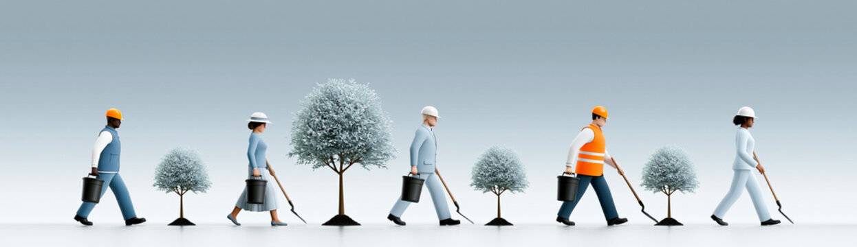 A group of diverse people working together on a large-scale reforestation project, planting trees in a deforested area, capturing the spirit of global sustainability efforts