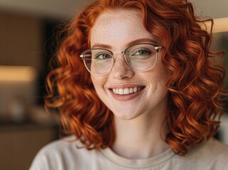 Obraz premium Portrait of a young, red-haired woman with freckles wearing glasses.