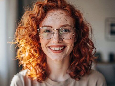 Portret młodej, rudej kobiety z piegami noszące okulary