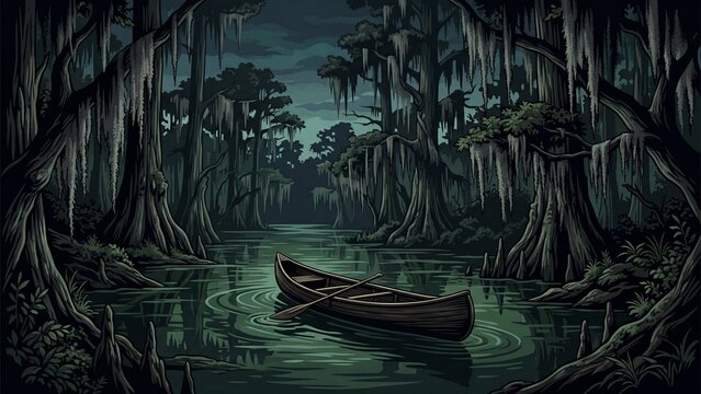 Mysterious Wooden Canoe Drifting Through a Dark Swampy Bayou Forest