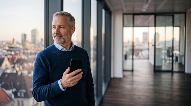 Selbstbewusster grauhaariger Gesch&auml;ftsmann mit Bart h&auml;lt Smartphone am Fenster eines modernen Hochhausb&uuml;ros mit Stadtblick