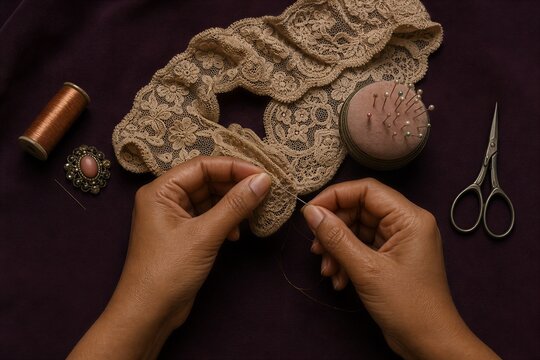 Hands stitching delicate lace trim with needle and thread, surrounded by sewing tools on a dark fabric background