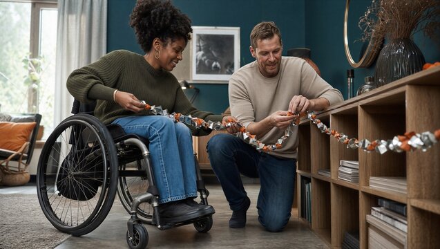 Woman in wheelchair and man arranging shiny orange and silver paper chain garland for Halloween decoration in cozy living room with wooden shelves