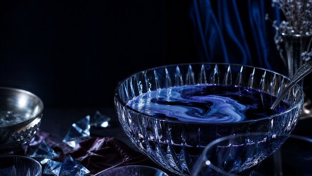 A crystal punch bowl filled with swirling blue and purple liquid on dark table. Halloween magical potion drink with silver spoon, glass shards and velvet cloth