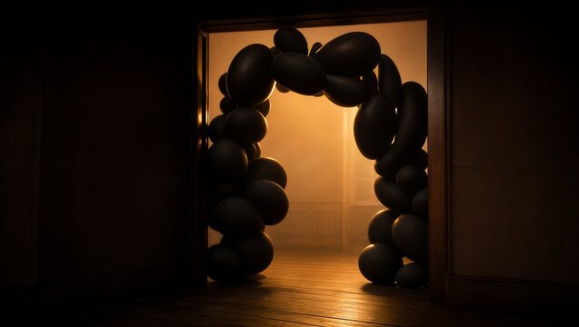 Dark silhouette of a black balloon arch framing a wooden doorway with glowing amber light. Spooky Halloween decoration or mysterious party entrance with dramatic lighting