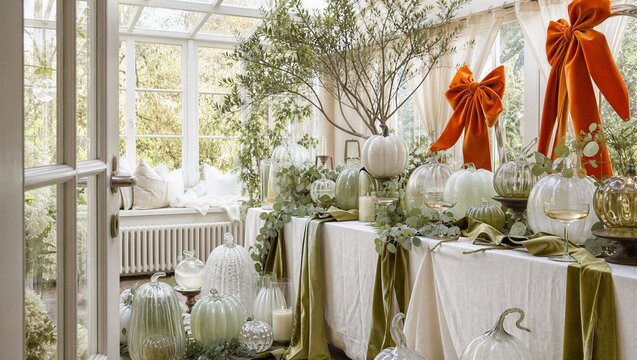 Elegant autumn table setting with glass pumpkin and olive branch. White and green tableware with orange velvet bow in a sunlit conservatory. Thanksgiving dinner party decor