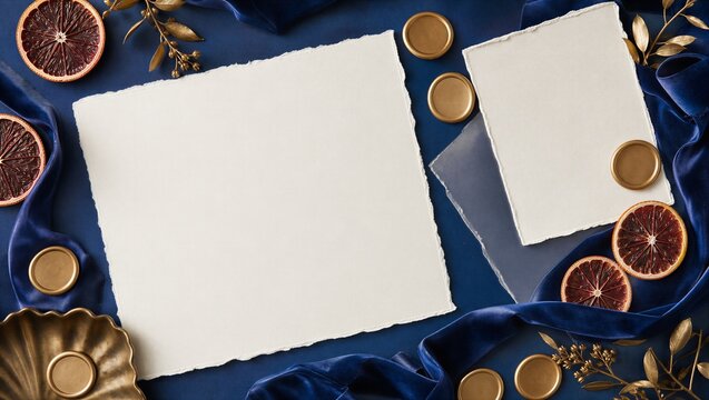 Elegant blank stationery mockup with deep blue velvet ribbons, dried citrus, and golden wax seals for luxurious invitations