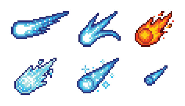 Set of pixel art comet icons with fire and ice trails on white background