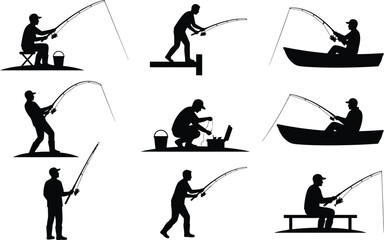 Fototapeta premium Fisherman Silhouettes Set with Fishing Rod Boat Pier and Tackle Box Vector Illustration