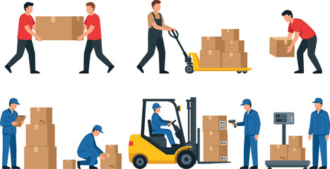 Warehouse Logistics and Delivery Service Vector Set Featuring Workers Carrying Boxes Operating Forklift Hand Pallet Truck Scale and Barcode Scanner © riham