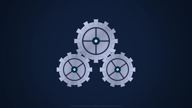 Three Interlocking Rotating Metallic Gears on Blue Background