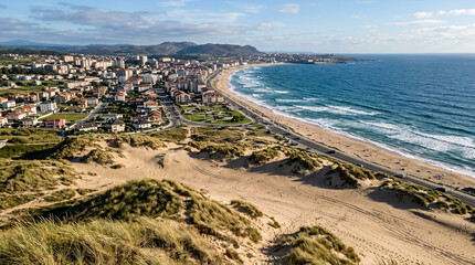 Fototapeta premium Coastal town with expansive sandy beach and ocean waves under clear blue sky
