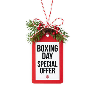 Boxing day special offer tag with pine branches and berries isolated on transparent background