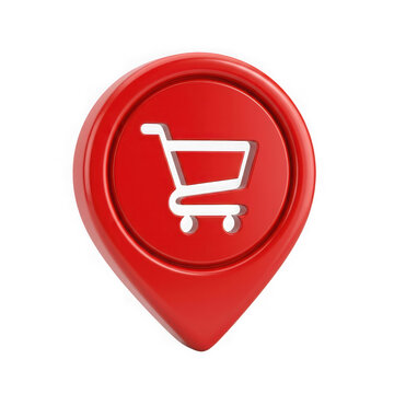 Red 3d map pointer icon with shopping cart symbol isolated on transparent background