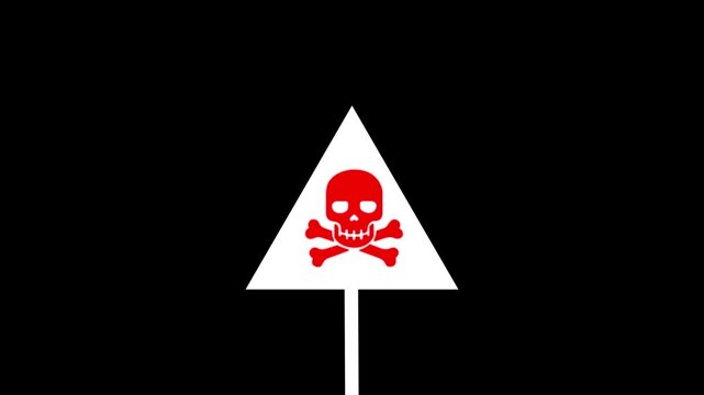 Animated red danger Skull and Crossbones, Useful road sign. 4k regulation. 
