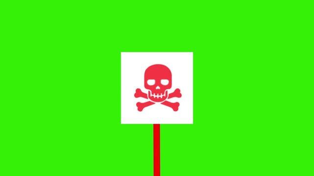 Animated red danger Skull and Crossbones, Useful road sign. 4k regulation. 