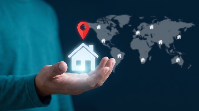 Man holding glowing house icon with red location pin above against a dark background with a global map showing multiple property locations for real estate investment and development