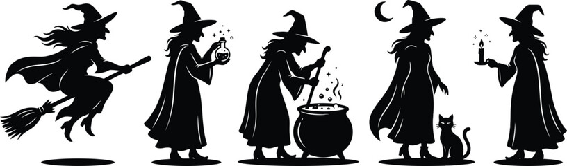 Witch silhouette collection, Halloween magic potion brewing and mystical scenes © salmagd988