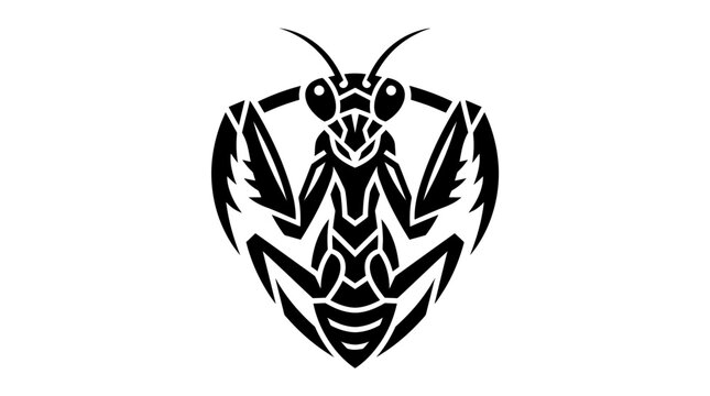 Stylized praying mantis insect emblem silhouette.