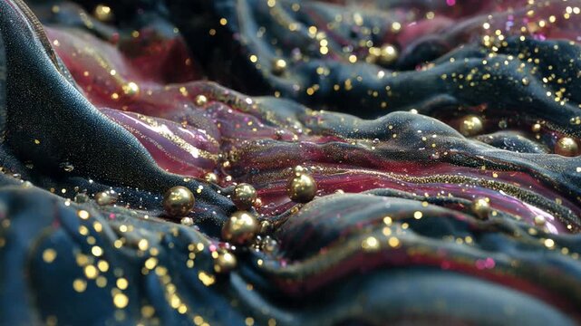 Luxurious abstract 3D background of iridescent red liquid waves with shimmering golden spheres and glittering metallic particles