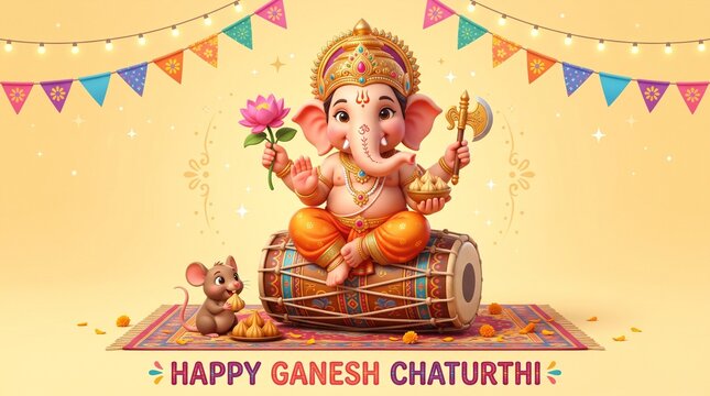 Happy ganesh chaturthi with god ganesha and offerings