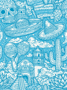 seamless pattern with mexican cultural symbols, sugar skulls, sombreros, pi&ntilde;atas, maracas, cactus and traditional folk illustration	