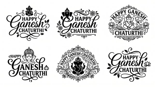Happy Ganesh chaturthi black calligraphy text vactor set