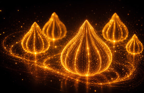 Glowing Golden Modak Sweet with Light Particles on Dark Black Background