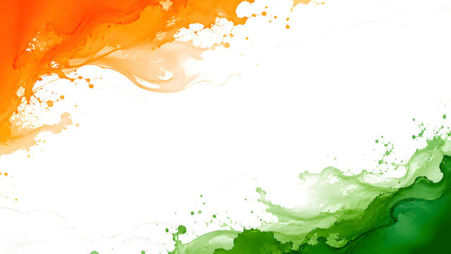 Orange and green color powder splash. Concept for India independence day, 15th of august.india watercolor celebration greeting social media banner design with print or hand-drawn and splash poster
