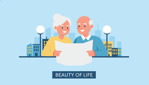 Happy senior couple holding a travel map together with modern city buildings and street lamps in the background.