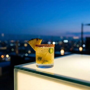 A spicy pineapple margarita with a salted rim and jalape&ntilde;o slice on a glowing rooftop bar ledge during twilight.
