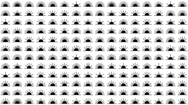 "Create a seamless monochrome pattern featuring hundreds of tiny hand-drawn sunburst icons arranged in a precise grid layout. Each icon consists of a semi-circular shape with short radiating lines ext