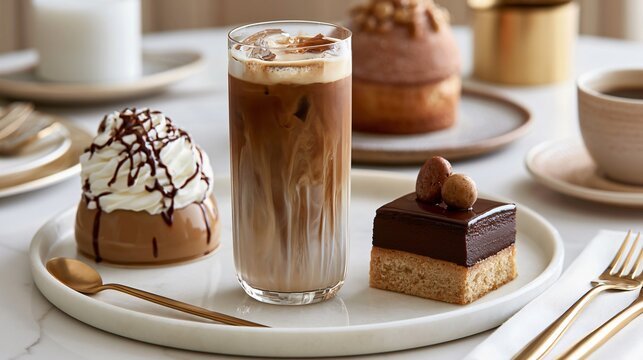 A luxury caf&eacute; menu-style flat lay showcasing iced coffee with artisan desserts and elegant tableware