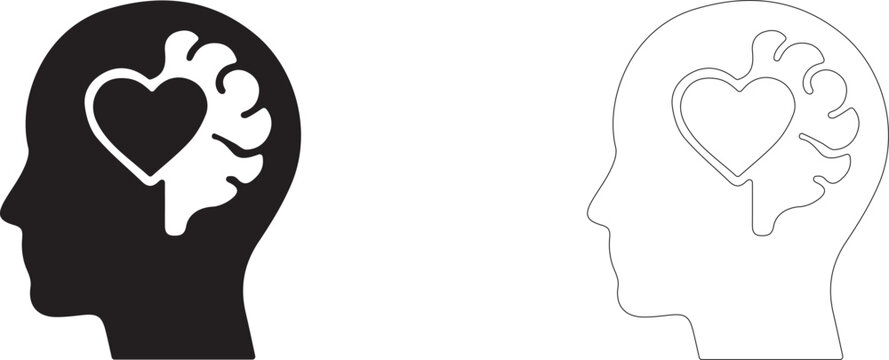 Head with heart inside brain vector icon filled and outline, emotional intelligence and empathetic leadership symbol.