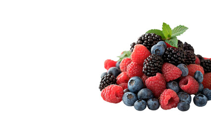 Large pile of fresh assorted wild forest berries isolated on transparent background cut out © Ivan