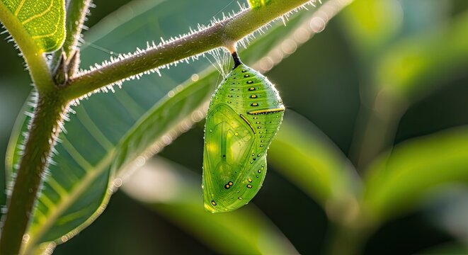 Bright green butterfly pupa attached to a hairy stem.
