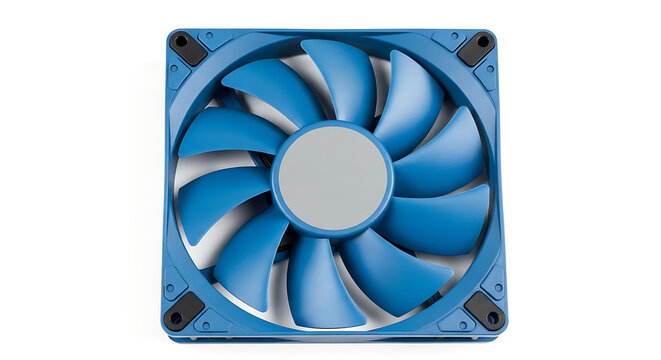 Blue computer cooling fan with blades spinning